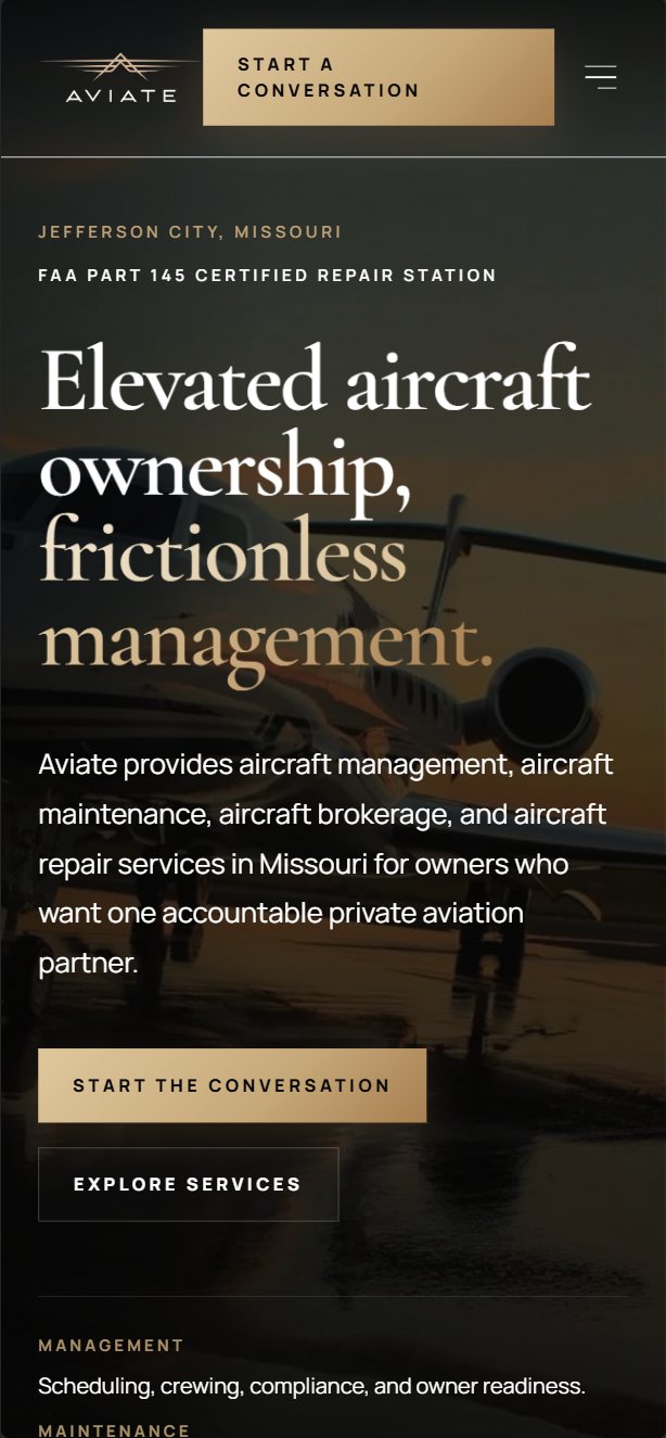 Aviate mobile website design